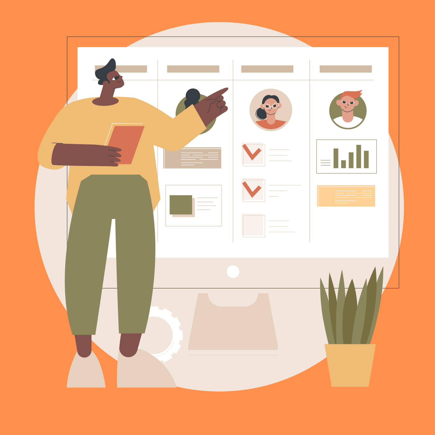 graphic man pointing at kanban board orange background
