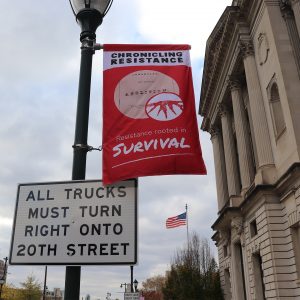 Chronicling Resistance Exhibition Logo on display for Free Library of Philadelphia Cloth Banner Design