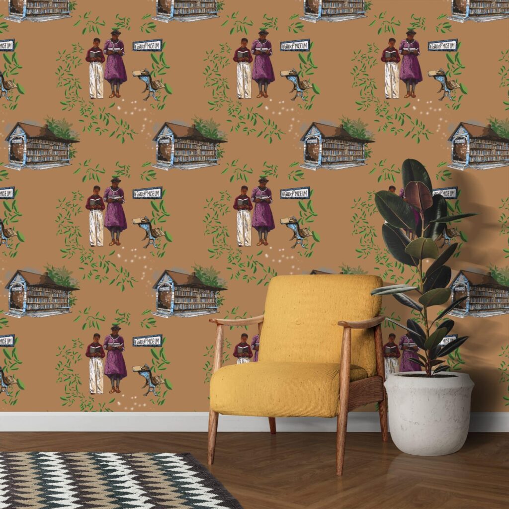 museum patterned wallpaper mockup chair