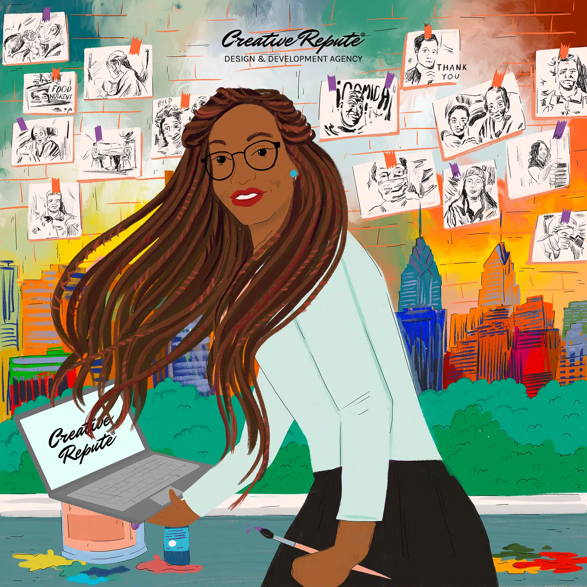A drawing of a person of color with long hair in front of a painted skyline background