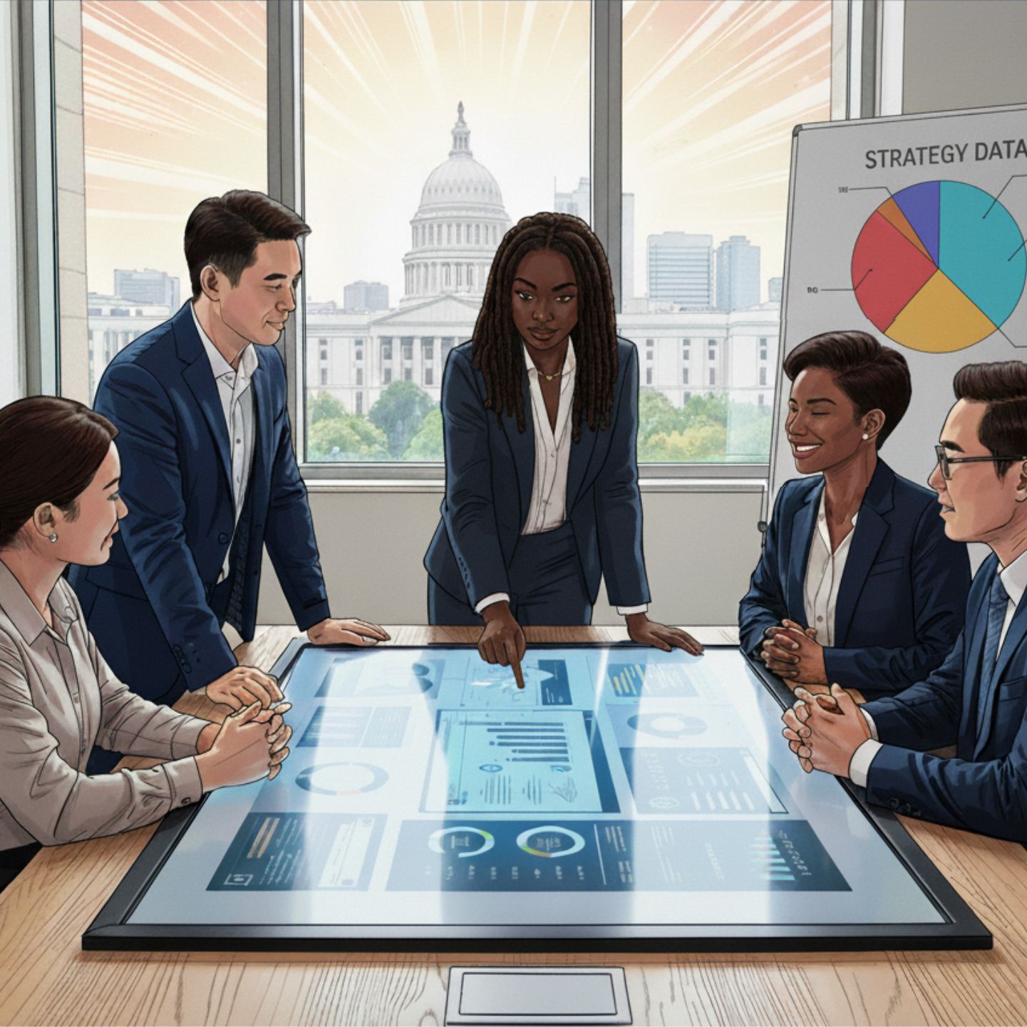 A group of procurement-ready and approved professionals gather around a circle to discuss a government affiliated plan with a pie-chart that shows strategy data in the background.