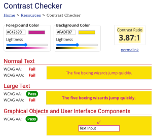 Contrast checker showing magenta text on yellow background with 3.87:1 ratio, failing WCAG for normal text to help with color inclusivity and accessibility 