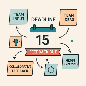 A calendar date indicates as deadlines for various items: Team Input, Team Ideas, Feedback Due, Collaborative Feedback, and Group Suggestions. 