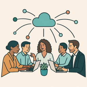 A group of diverse people sit together and collaborate on ideas to work towards a shared goal. 