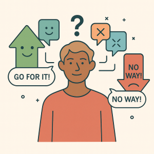 A person with a series of opinions surrounding them, from approval to rejection, that describe handling feedback. 