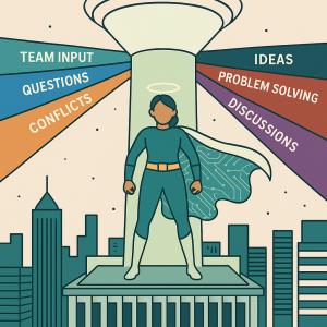 One person dressed as a superhero to answers to different component: Team Input, Questions, Conflicts, Ideas, Problem Solving, and Discussions. 