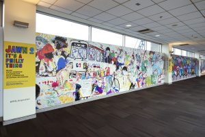 Philly Jawn, Collaged Mural at the PHL International Airport, done by Nile Livingston, to represent a platform for communication and how we exchange ideas and learn from each other. 