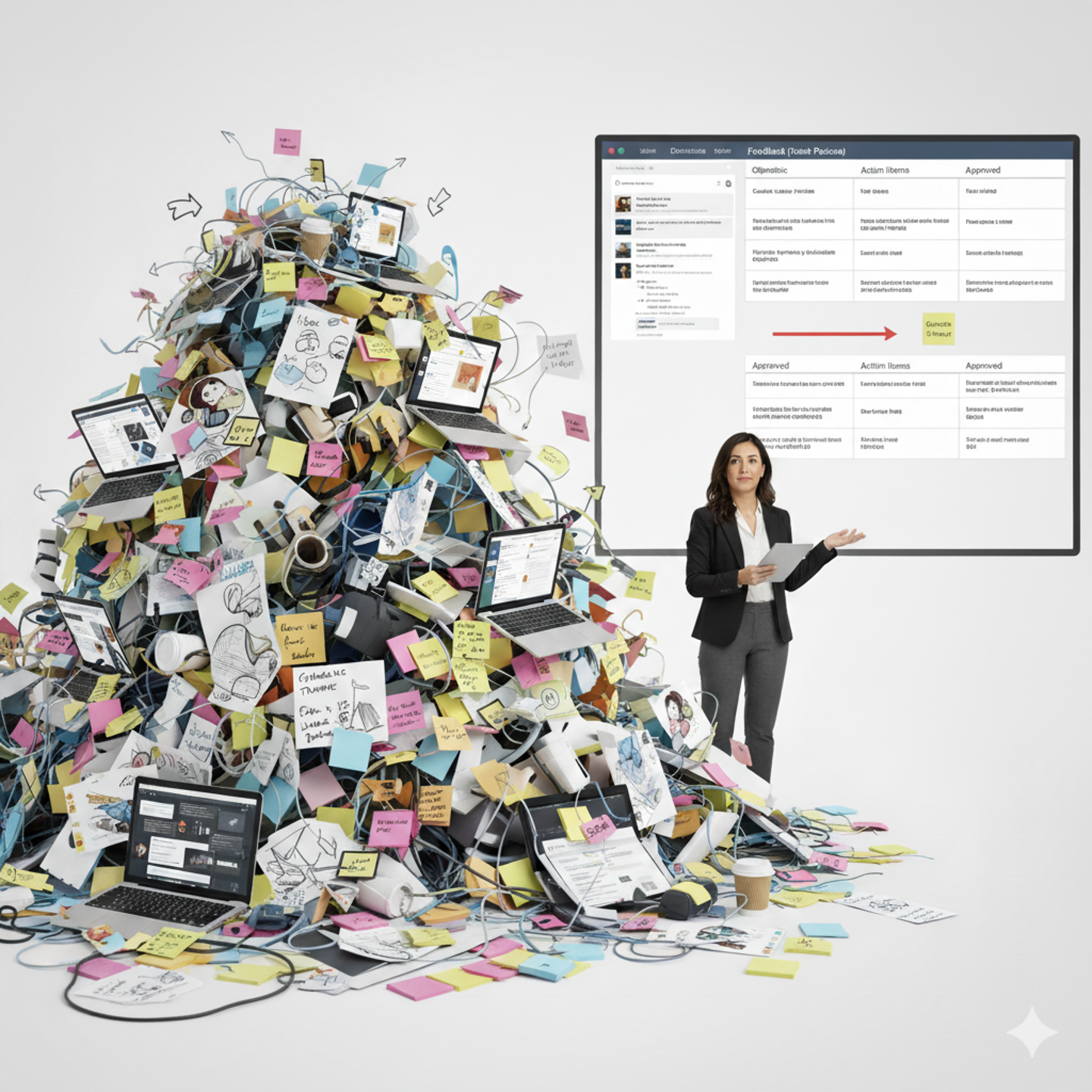A woman next to a pile of items that indicates an ongoing list of tasks left to delegate between client and agency.