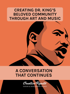 Illustrated portrait of Dr. Martin Luther King Jr. promoting the event “Creating Dr. King’s Beloved Community Through Art and Music” hosted in Philadelphia.