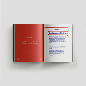 Interior spread of The Leader's Work workbook designed by Creative Repute, featuring a red affirmation page and Pillar II titled "The Wisdom of Solitude" with editorial typography and purple brand colors