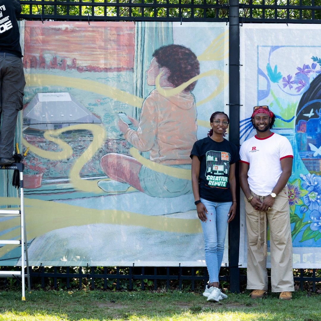 highmark mann center fabric panels along gate outside mural design philadelphia artist nile livingston devon downes floating music