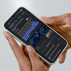 Mockup of cell phone displaying AI generated search results for Philly vegan restaurants