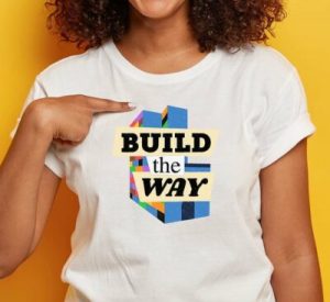 Build the way logo mockup on a white tee shirt. this logo was created for the William Way capital campaign