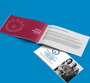 An open brochure featuring the new brand identity for the National Early Care and Education Workforce Center on a blue background.