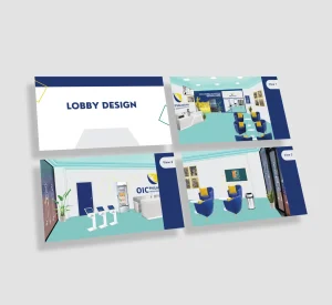 Four cards with the rebranded design created for The Opportunities Industrialization Center of Philadelphia (OIC) on a white background.