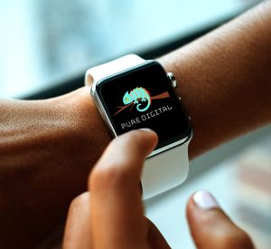 Person viewing the new character (mascot) design for Pure Digital on their watch.