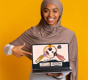 The Evoluer House yellow background computer cluer full screen muslim brown color diverse young woman stylish fashion flyer illustration vector design agency philadelphia