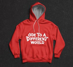 A red hoodie with the new Ode To A Different World logo design on the front.